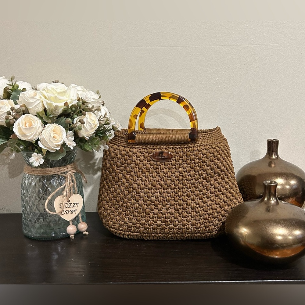 Bucket purse, with acrylic handles, faux leather base, legs. Hand crocheted, NEW